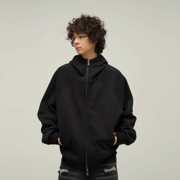 New cardigan heavy stiff retro hooded zipper sweatshirt [Black M-2XL size, confirm the delivery size with customer service after placing the order]