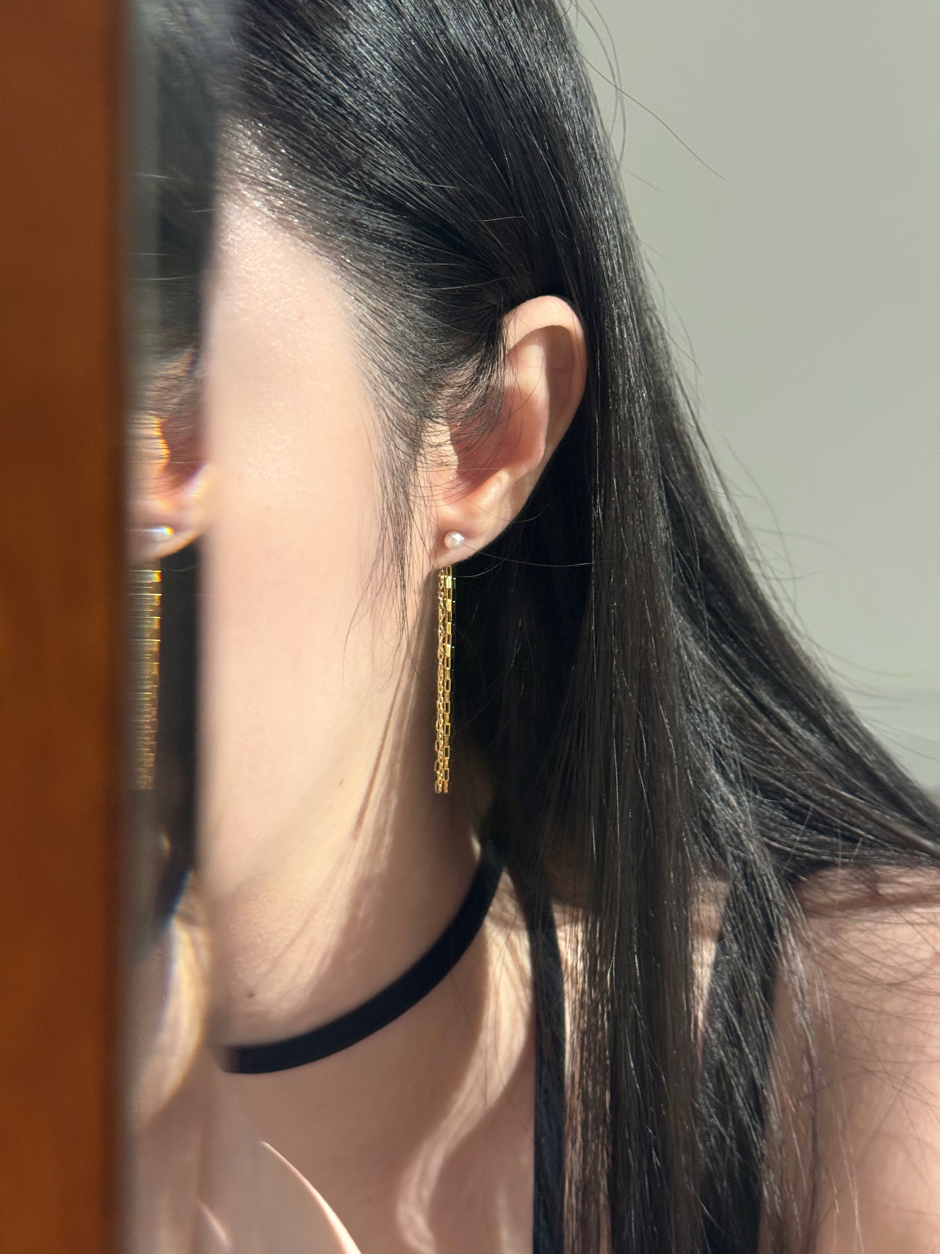 迷你珍珠後掛式流蘇耳環