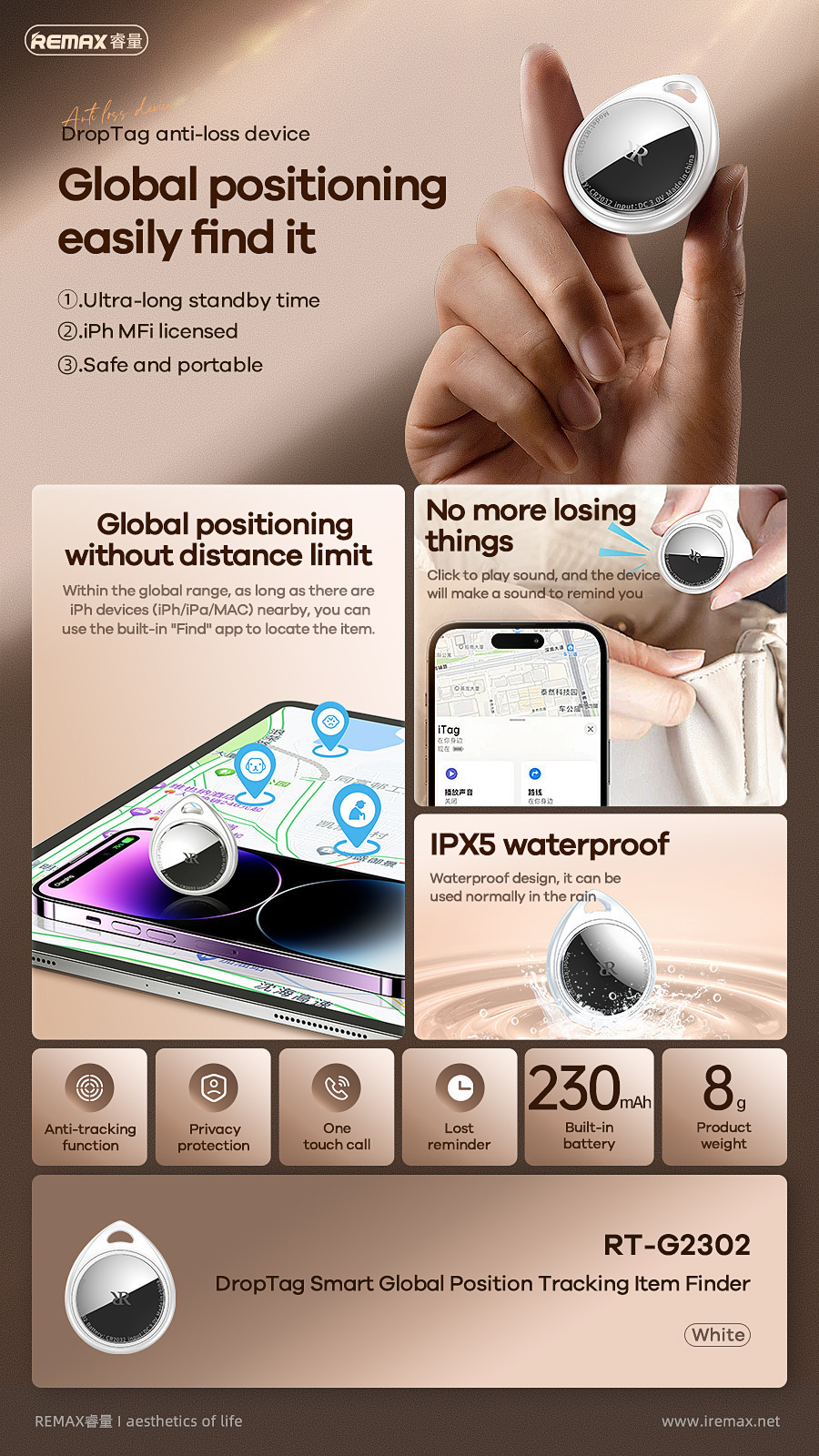 REMAX RT-G2302 DropTag 智慧全球定位 防丟器 適用蘋果定位器 智慧迷你追蹤器(蘋果官方MFI認證|無需鏈接網絡|全球定位|8g)