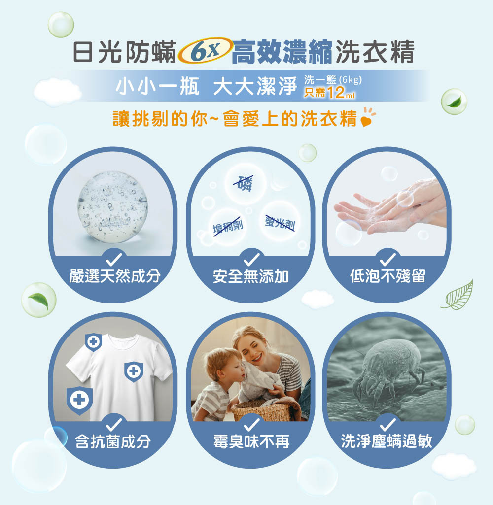 日光防蟎6倍濃縮洗衣精-讓挑剔的你,會愛上的洗衣精:嚴選天然成分、安全無添加、低泡不殘留、含抗菌成分、霉臭味不再、洗淨塵螨過敏原