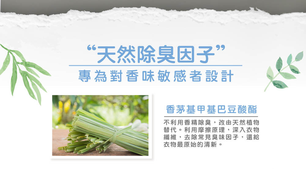 日光防蟎6倍濃縮洗衣精-天然除臭因子,專為對香味敏感者設計,即使無添加香精,也能去除衣物異味。