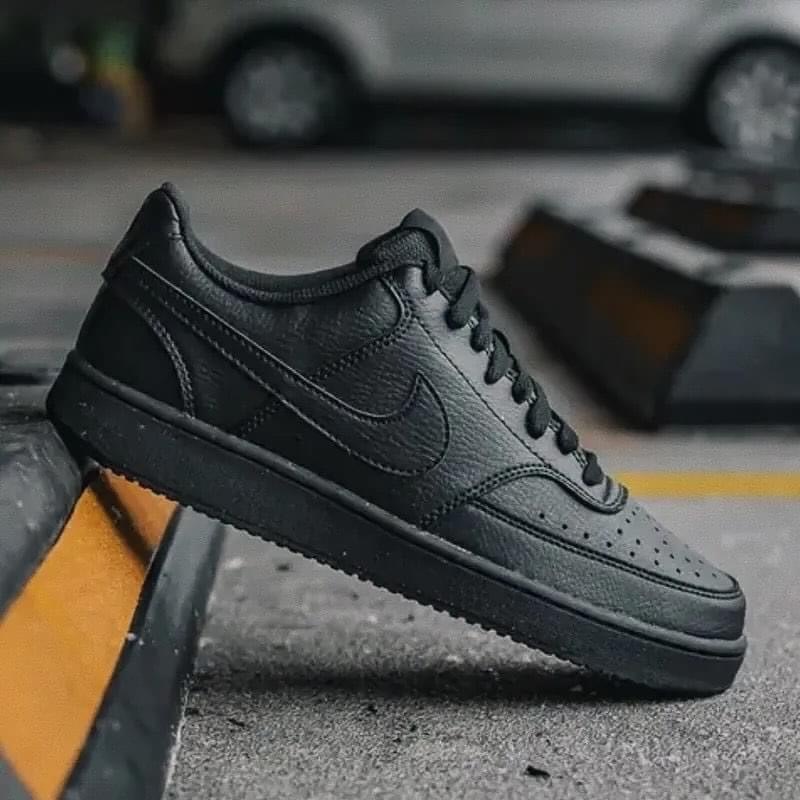 Nike Court Vision Low Next Nature 小Force 皮革 荔枝皮 全黑