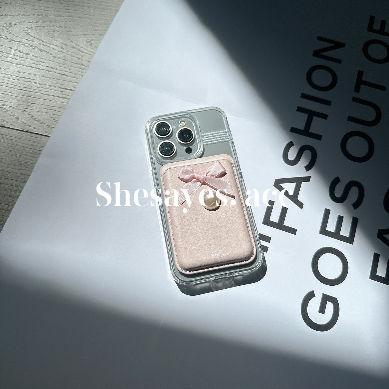 IPHONE MagSafe透明＋珍珠蝴蝶結磁吸卡包手機殼