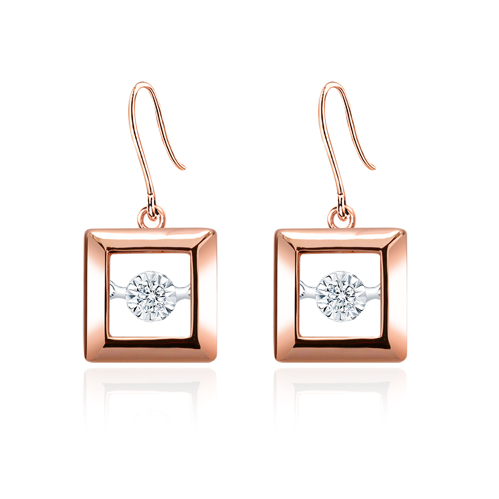 18K玫瑰金方塊勾式靈動鑽石耳環