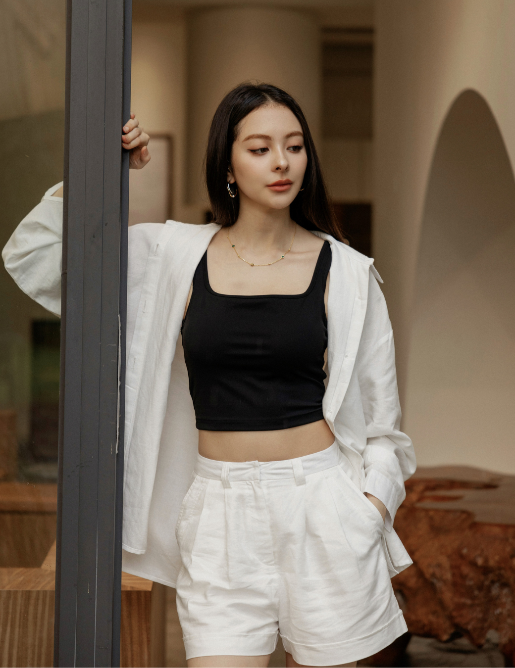 率性百搭棉麻襯衫（白色）