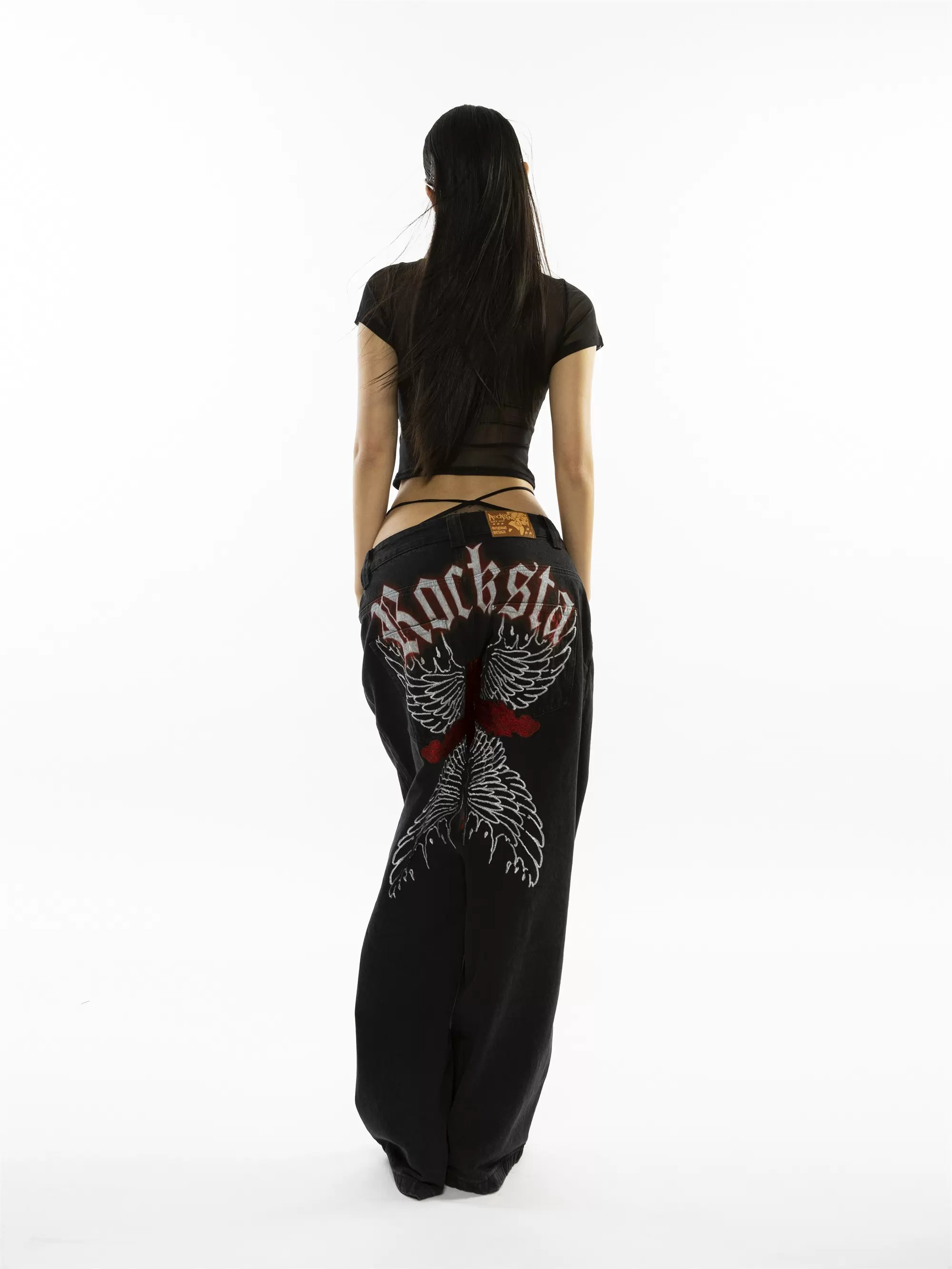 ROCKSTAGIRLS 翅膀刺繡印花 Y2K 水洗牛仔褲 雙色