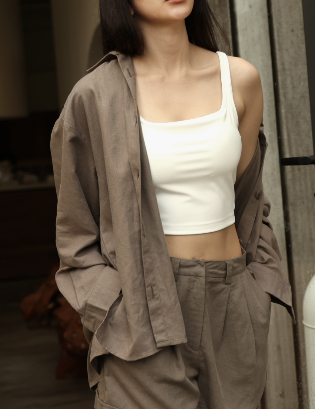 率性百搭棉麻襯衫（咖綠色）