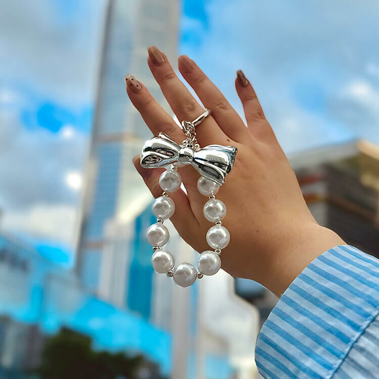 大珍珠太空銀蝴蝶結 串珠手腕繩 短掛繩  串珠掛繩