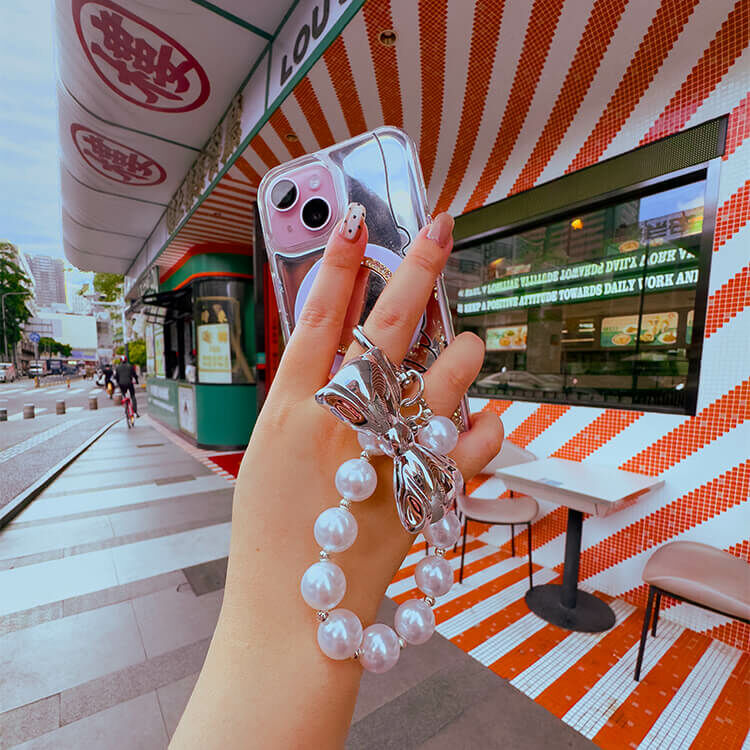 大珍珠太空銀蝴蝶結 串珠手腕繩 短掛繩  串珠掛繩