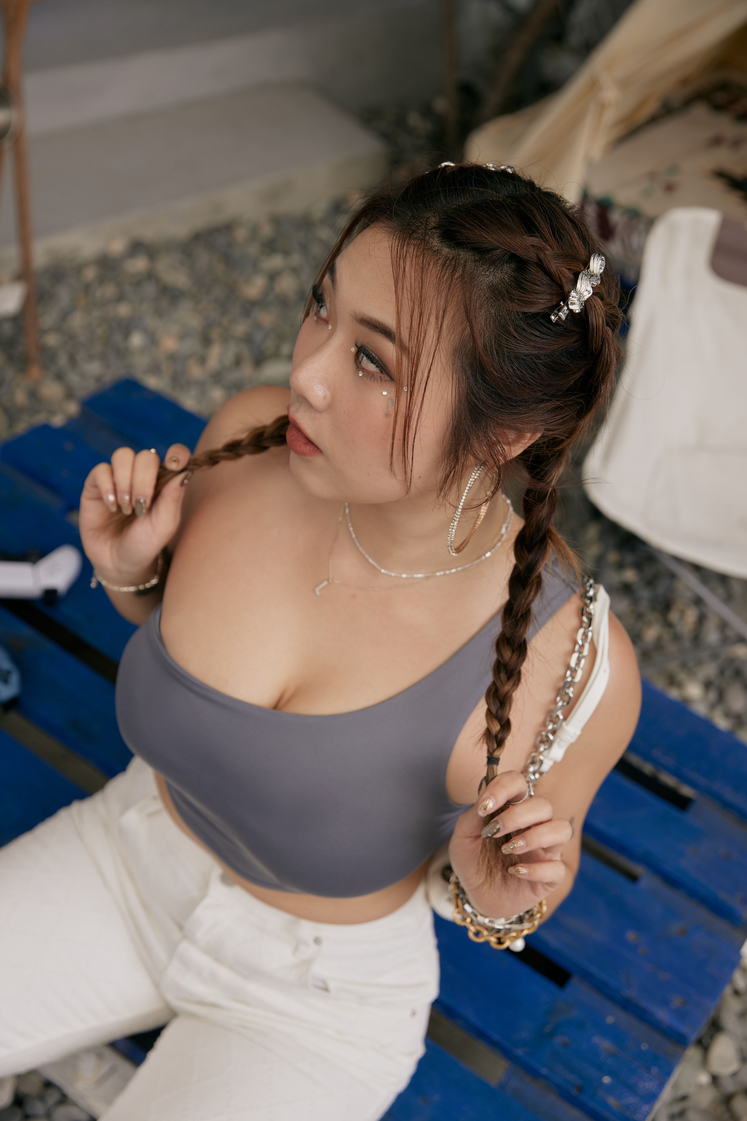 〖Lea’s Design Collection 〗Versatile One-Shoulder Bratop with Metal Back Clasps ✨ Swim-Ready! - Smoked Gray