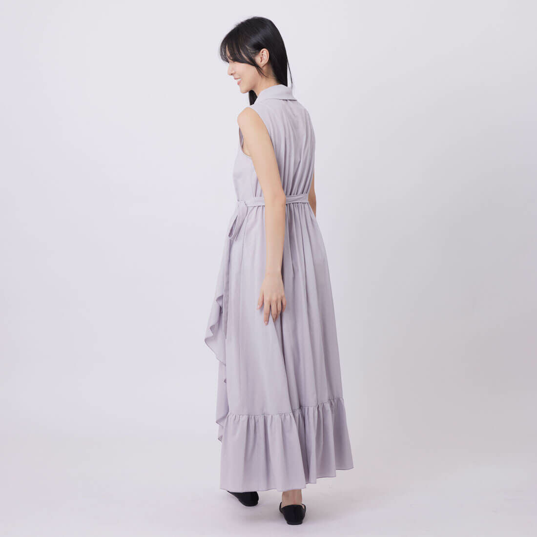Ripple無袖荷葉開襟綁帶洋裝/霧灰