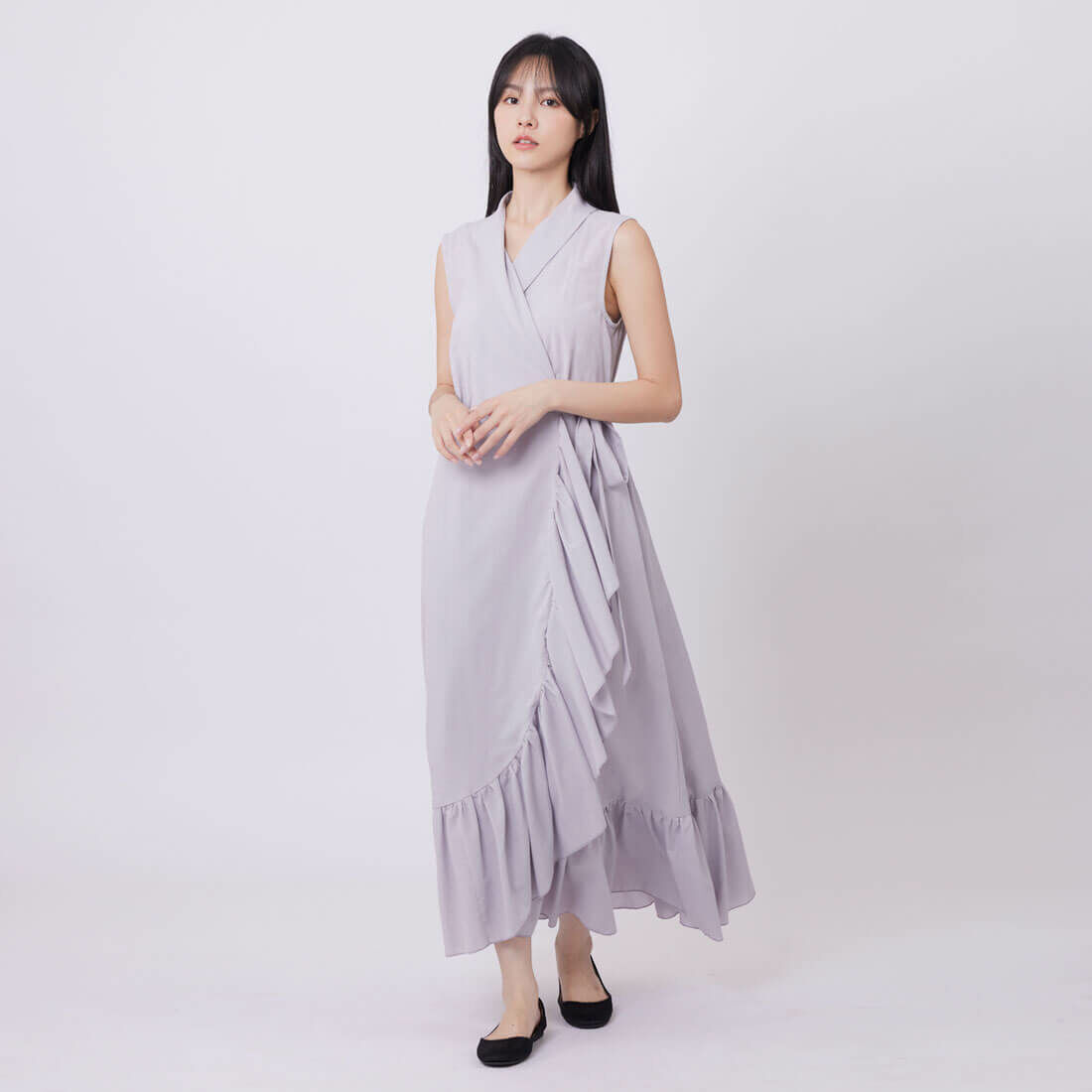 Ripple無袖荷葉開襟綁帶洋裝/霧灰