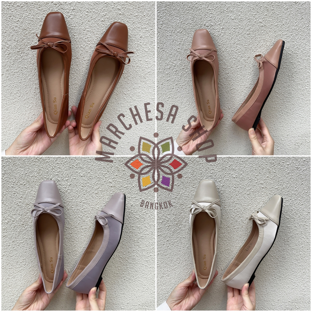 S3122 - 羊皮拼絲綢純色蝴蝶結方頭平底鞋