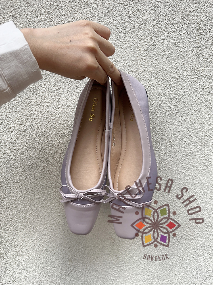 S3122 - 羊皮拼絲綢純色蝴蝶結方頭平底鞋