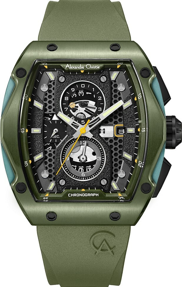 萬年鐘錶 - Alexandre Christie  AC手錶  6608MCR系列  軍綠色系石英氟橡膠三眼計時男錶   6608MCRGABA 錶徑44MM