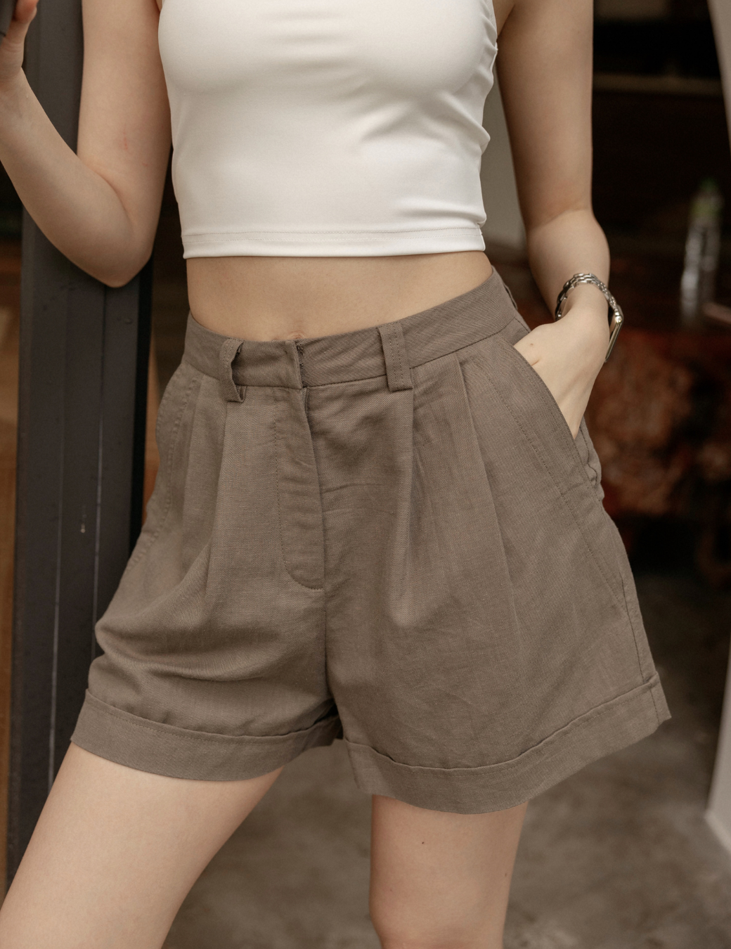 率性百搭棉麻短褲（咖綠色/3尺寸）