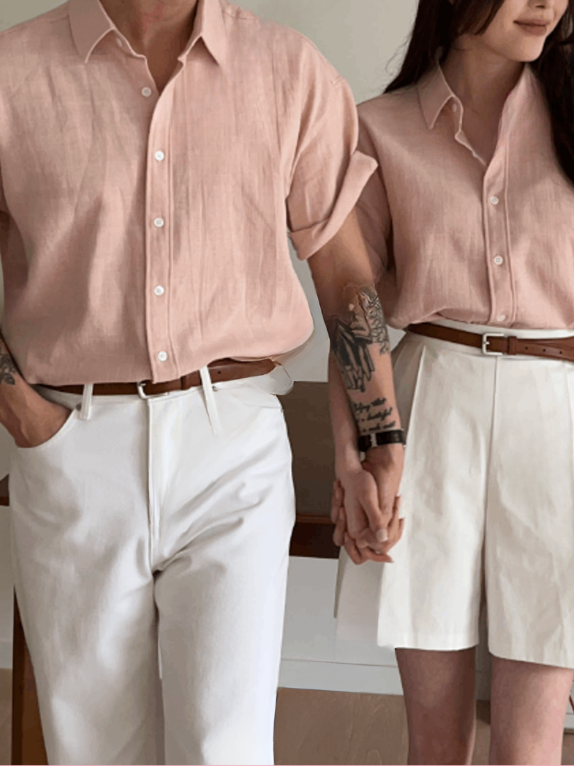 [現貨](情侶)休閒翻領亞麻襯衫 [ 3色 / Free ]