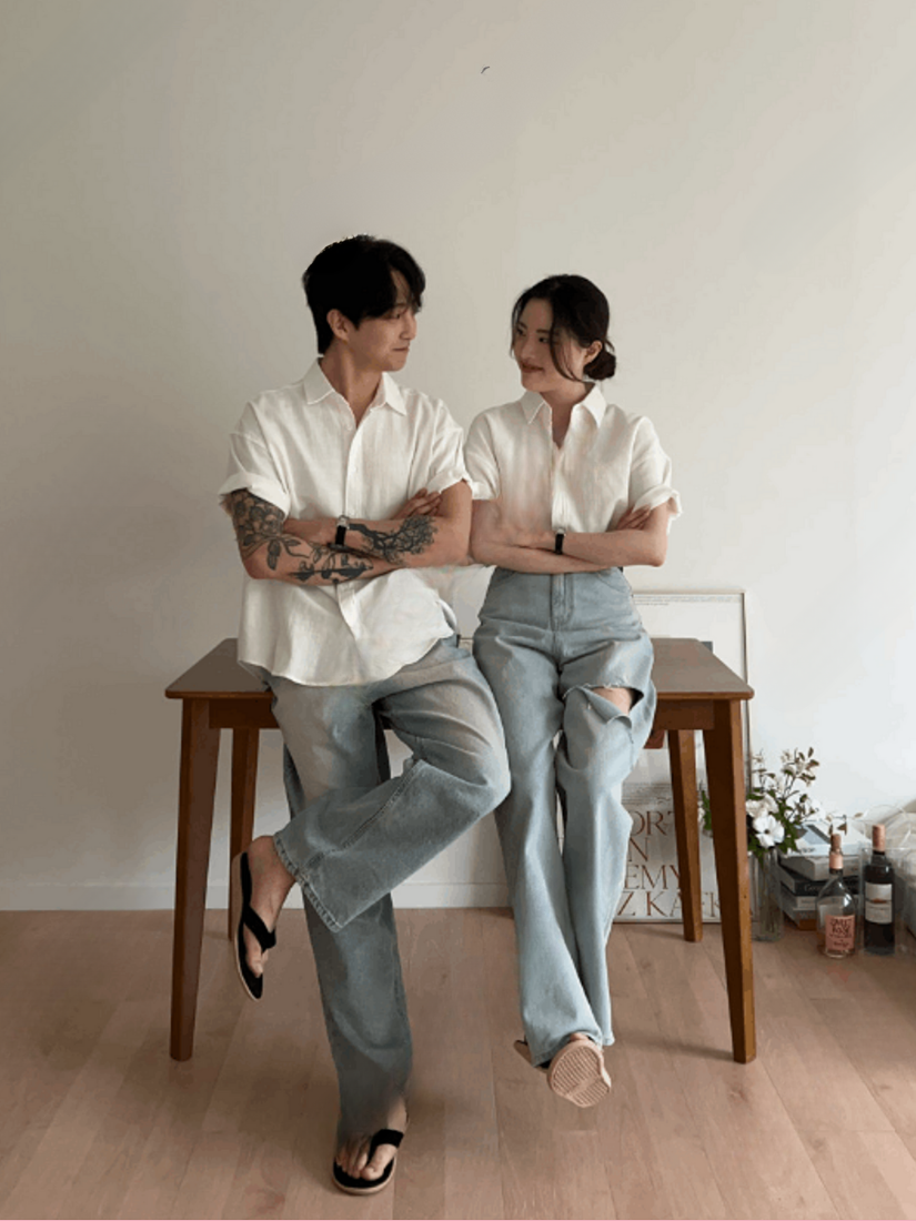 [現貨](情侶)休閒翻領亞麻襯衫 [ 3色 / Free ]