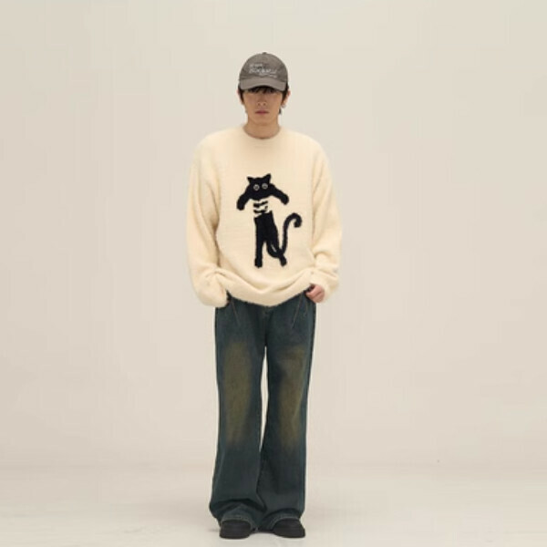 Popular kitten sweater for couples, loose and lazy style [Apricot color M-XL, please confirm the delivery size with customer service after placing the order]