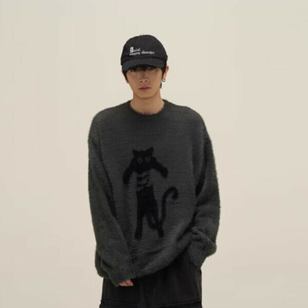 Popular kitten sweater for couples, loose and lazy style [Gray M-XL sizes, please confirm the delivery size with customer service after placing the order]