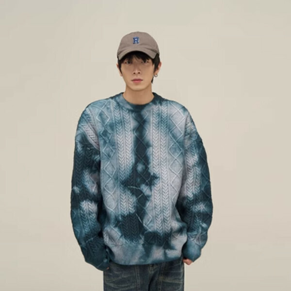 Popular tie-dye crew neck sweater [dark green and blue, see the picture for colors M-XL, please confirm the delivery size with customer service after placing the order]