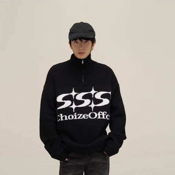 Popular letter jacquard half-zip sweater [Black M-XL sizes, please confirm the delivery size with customer service after placing the order]