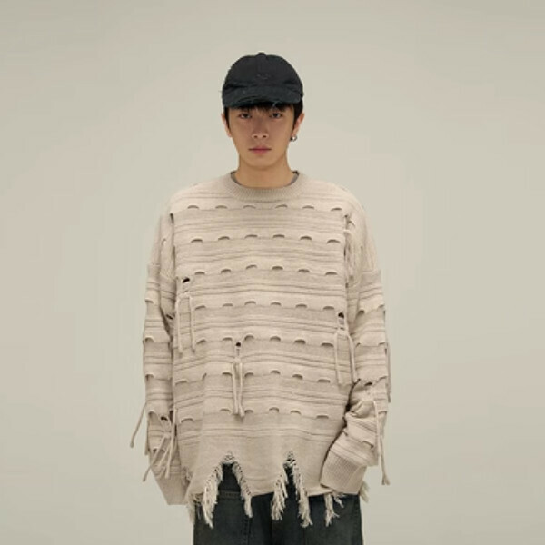 Hot style ripped hole niche crew neck sweater [Apricot color S-XL sizes, please confirm the delivery size with customer service after placing the order]