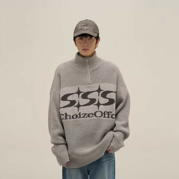 Popular letter jacquard half-zip sweater [Gray M-XL sizes, please confirm the delivery size with customer service after placing the order]