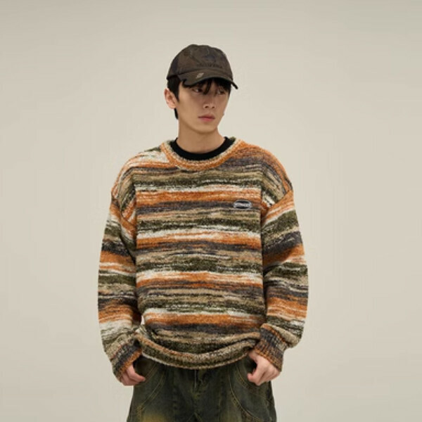 Popular retro colorful oil painting sweater [green striped sizes M-XL, please confirm the delivery size with customer service after placing the order]