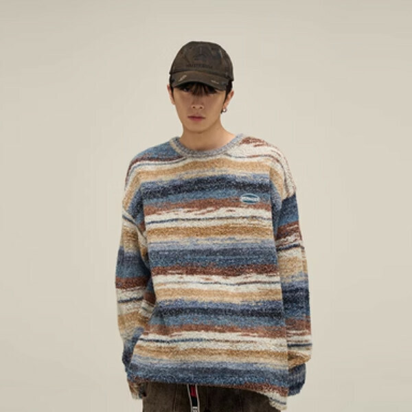 Hot style retro colorful oil painting sweater [blue stripe sizes M-XL, confirm delivery size with customer service after placing order]