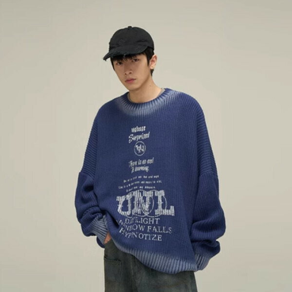 Popular printed couple sweater with loose and lazy style [Blue S-XL sizes, please confirm the delivery size with customer service after placing the order]