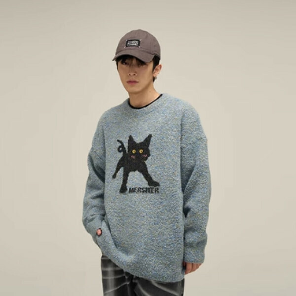 Popular retro kitten jacquard colorful crew neck sweater [Blue M-XL sizes, please confirm the delivery size with customer service after placing the order]