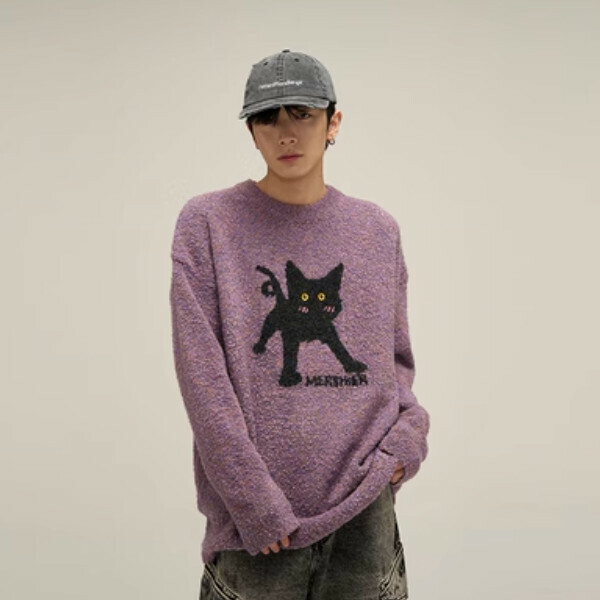 Popular retro kitten jacquard colorful crew neck sweater [Purple M-XL sizes, please confirm the delivery size with customer service after placing the order]