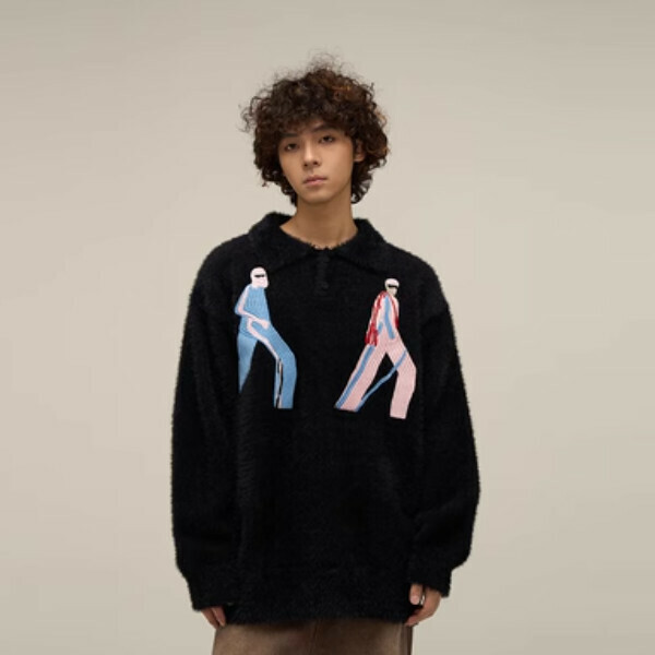 Popular embroidered lazy lapel sweater [Black M-XL sizes, please confirm the delivery size with customer service after placing the order]
