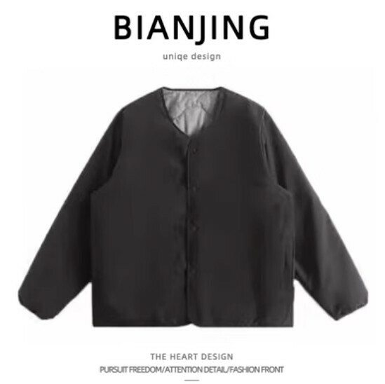 New style reversible collarless cotton jacket [black] (size: S-2XL) (please contact customer service to confirm the delivery size after placing the order)