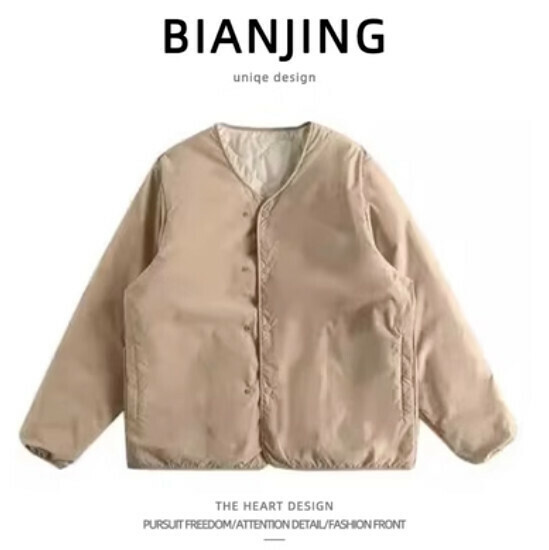 New reversible collarless cotton jacket [khaki] (size: S-2XL) (please contact customer service to confirm the delivery size after placing the order)