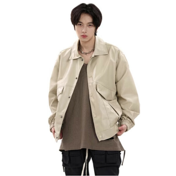 新款炸街皮衣夾克【杏色M-XL碼，下單後與客服確認發貨尺碼】