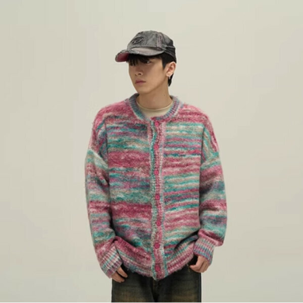 新款冬款條紋bf開衫情侶針織衫外套【粉色M-XL碼，下單後與客服確認發貨尺碼】