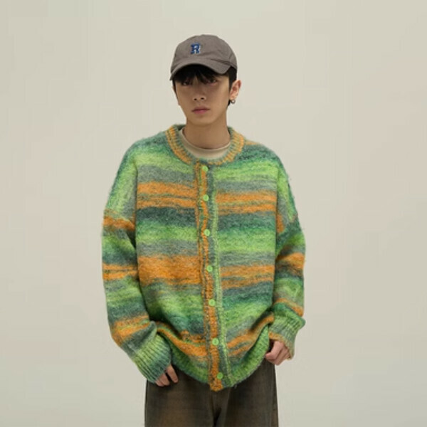 新款冬款條紋bf開衫情侶針織衫【綠黃色M-XL碼，下單後與客服確認發貨尺碼】