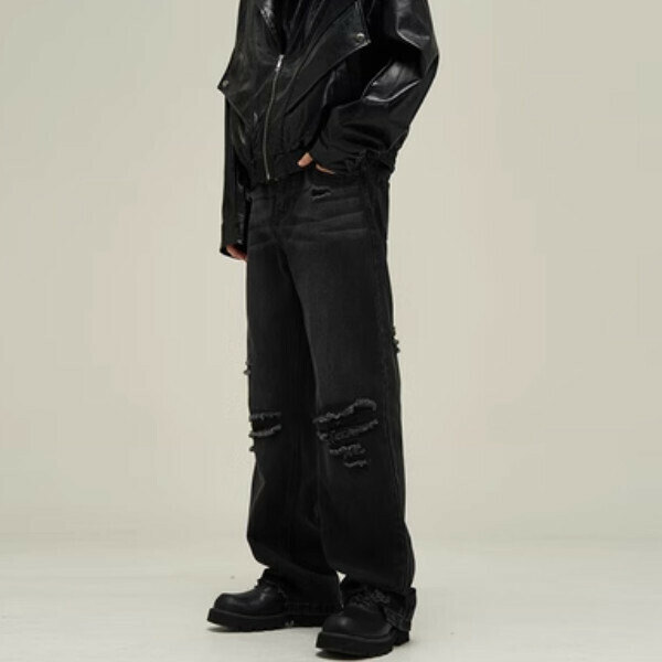 New tattered jeans [black with patches on the frayed areas, airtight S-2XL size, please confirm the delivery size with customer service after placing the order]