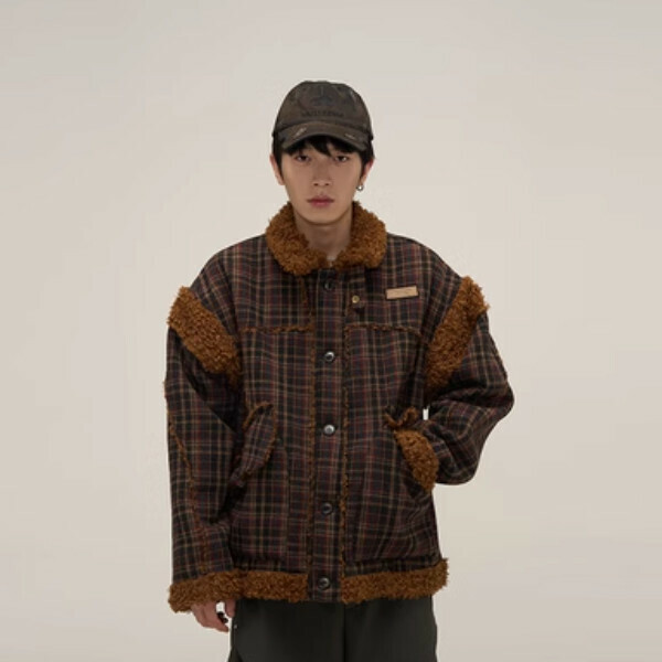 New style lamb velvet lapel jacket [lamb M-2XL size inside plaid, confirm delivery size with customer service after placing order]