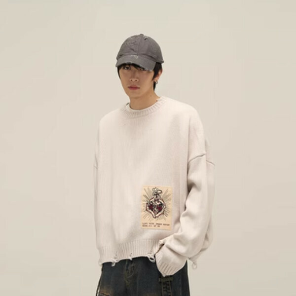 New style destructive style sweater with patch embroidery design [Light apricot color S-XL, please confirm the delivery size with customer service after placing the order]
