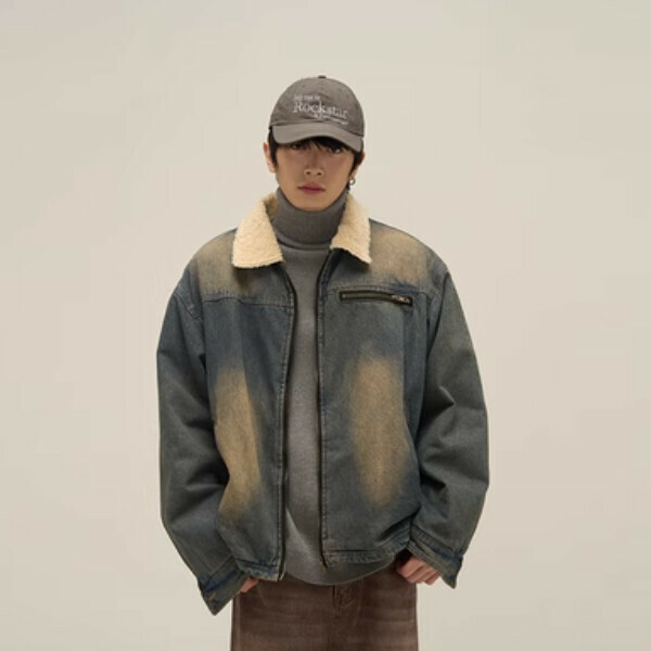 New lamb wool thickened denim jacket [Vintage blue lamb lining M-2XL size, confirm the delivery size with customer service after placing the order]