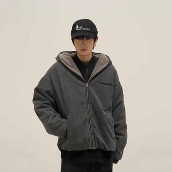 New washed letter embroidered sherpa hooded jacket [Gray M-2XL size, confirm the delivery size with customer service after placing the order]