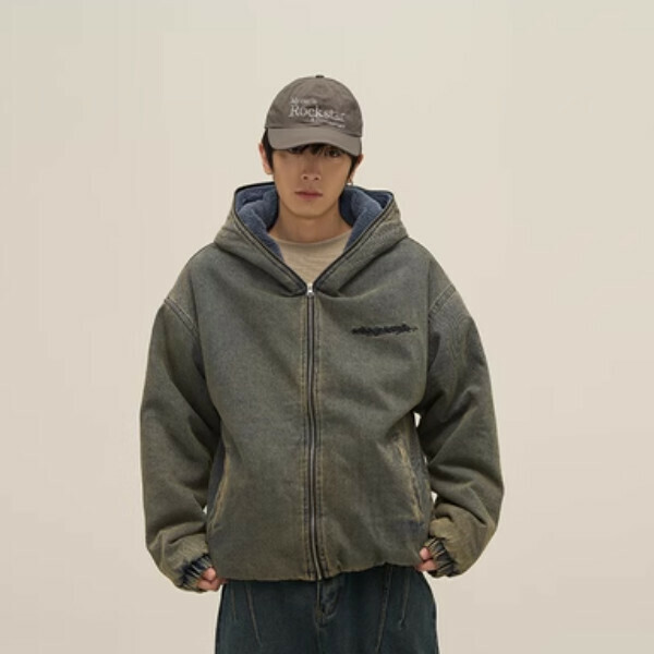 New washed letter embroidered sherpa hooded jacket [green size M-2XL, please confirm the delivery size with customer service after placing the order]