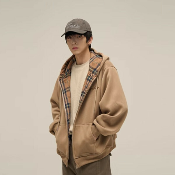 New plaid lined letter embroidered hooded jacket [khaki M-XL sizes, please confirm the delivery size with customer service after placing the order]