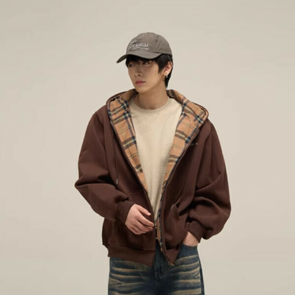 New plaid lined letter embroidered hooded jacket [Coffee color M-XL, please confirm the delivery size with customer service after placing the order]