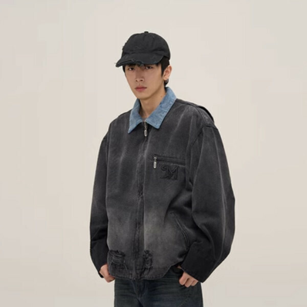 New retro workwear Detroit distressed jacket [Black M-XL sizes, confirm delivery size with customer service after placing order]