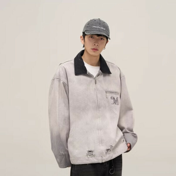 New retro workwear Detroit distressed jacket [Gray M-XL sizes, confirm delivery size with customer service after placing order]