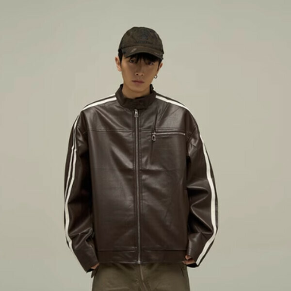 熱賣小眾側條紋皮衣【深咖色M-2XL碼，下單後與客服確認發貨尺碼】